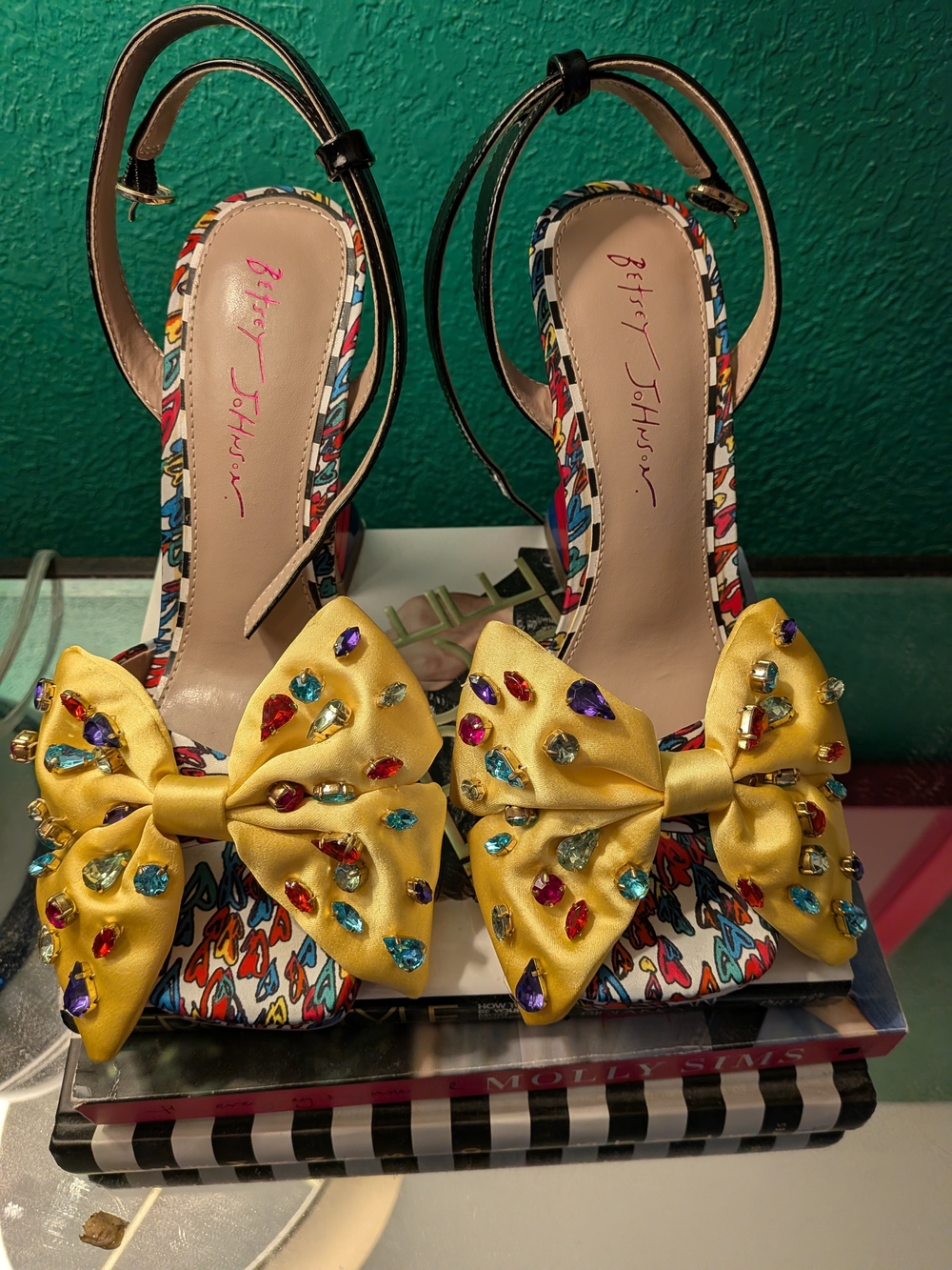 Betsey Johnson Yellow Jeweled Bow Slingback Heels-Never Worn Outside-